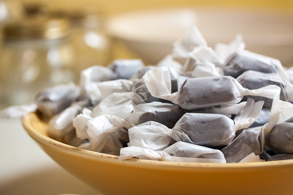 bowl of wrapped salted chocolate caramels