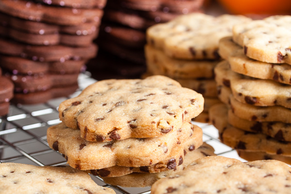 These roll-out chocolate chip cookies are soft and slightly crumbly, like a shortbread studded with tiny chocolate chips. Great cookie cutter cookie!