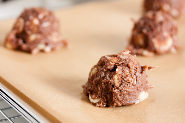 unbaked Double Chocolate Coconut Cookies – chocolate, white chocolate chips, walnuts & coconut combine for a delicious treat.