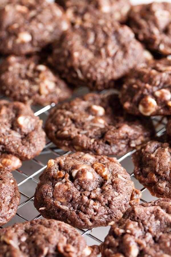 Double Chocolate Coconut Cookies – chocolate, white chocolate chips, walnuts & coconut combine for a delicious treat.