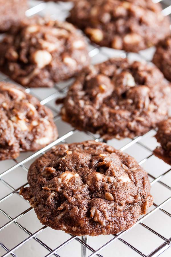 Double Chocolate Coconut Cookies – chocolate, white chocolate chips, walnuts & coconut combine for a delicious treat.