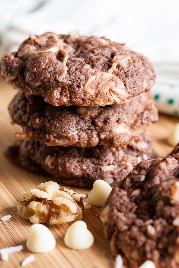 Double Chocolate Coconut Cookies – chocolate, white chocolate chips, walnuts & coconut combine for a delicious treat.