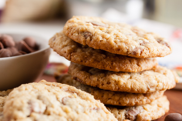 Milk Chocolate Caramel Cookies – chocolate chips, caramel chunks, and oatmeal combine to make a delicious, sweet, chewy cookie.