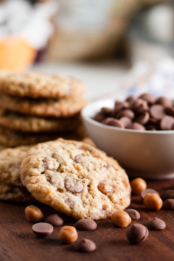 Milk Chocolate Caramel Cookies – chocolate chips, caramel chunks, and oatmeal combine to make a delicious, sweet, chewy cookie.