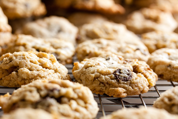 Chocolate and Peanut Butter Chip Cookies – two kinds of chips, plus grated chocolate, chopped nuts, and ground oats. Delicious!