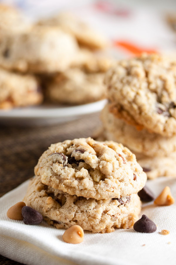 Chocolate and Peanut Butter Chip Cookies – two kinds of chips, plus grated chocolate, chopped nuts, and ground oats. Delicious!