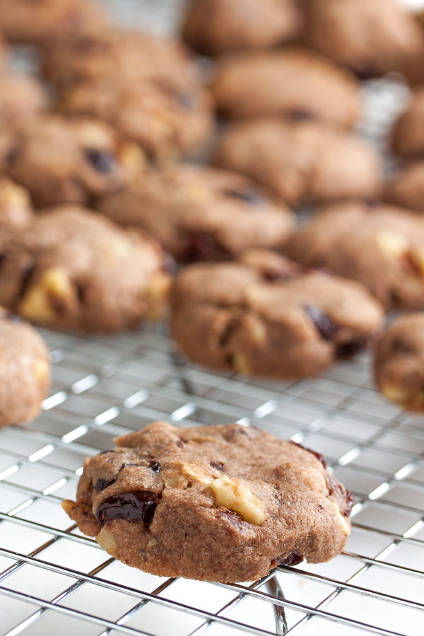 Mocha Walnut Cherry Cookies – a delicately flavoured shortbread, studded with crunchy walnuts and sweet cherries.