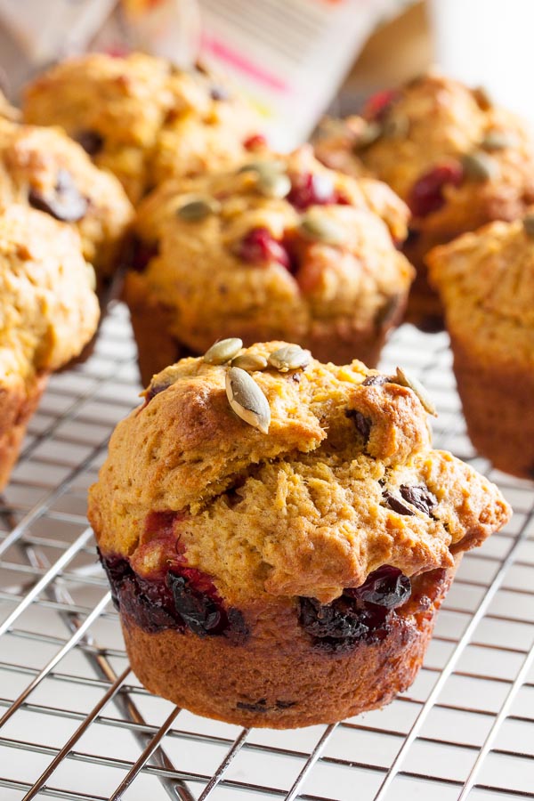 Pumpkin Muffins with Cranberries and Chocolate – moist and delicious, the flavours of fall made even better with the addition of rich dark chocolate.