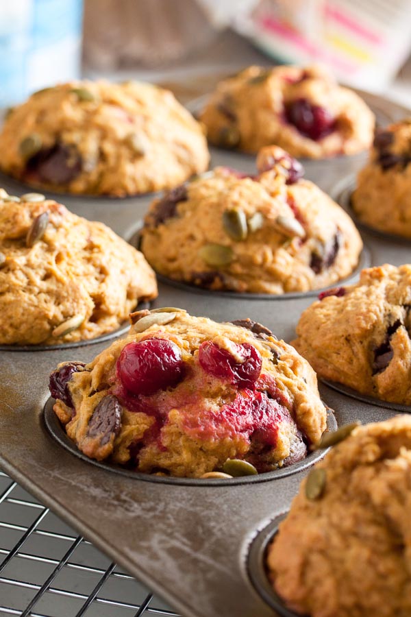 Pumpkin Muffins with Cranberries and Chocolate – moist and delicious, the flavours of fall made even better with the addition of rich dark chocolate.