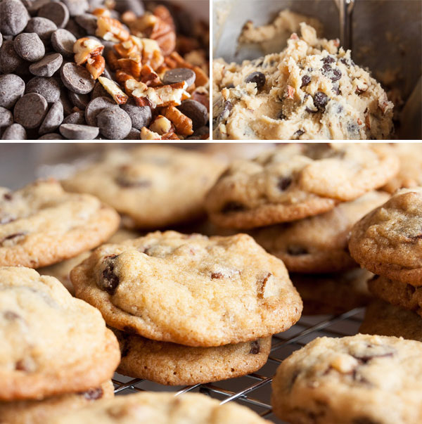 Chocolate Chip Cookies with Nuts – chewy cookies full of dark chocolate chunks, plus both the flavour and crunch of pecans or walnuts.