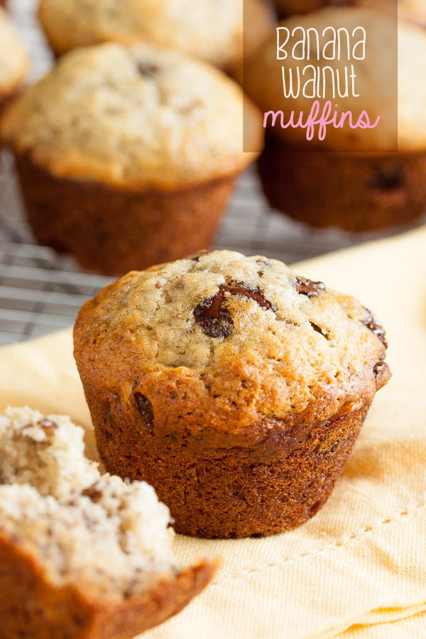 Banana Walnut Muffins – moist and banana-y, with a lovely crunch from the nuts. Plus, of course, chocolate chips.