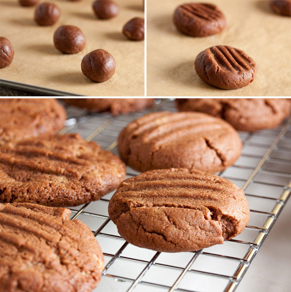 Soft and tender Chocolate Peanut Butter Cookies, made with melted chocolate right in the dough.