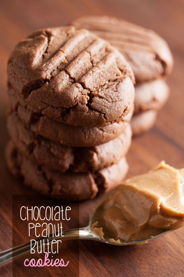 Soft and tender Chocolate Peanut Butter Cookies, made with melted chocolate right in the dough.