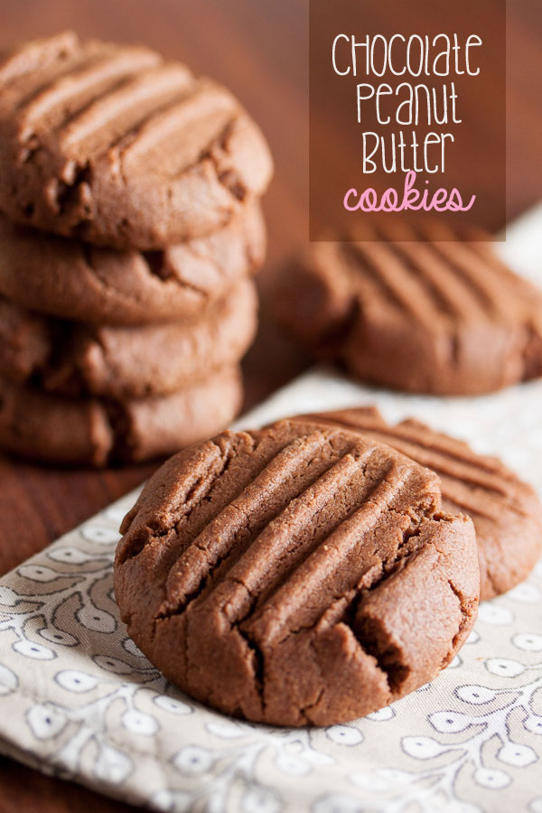 Soft and tender Chocolate Peanut Butter Cookies, made with melted chocolate right in the dough.