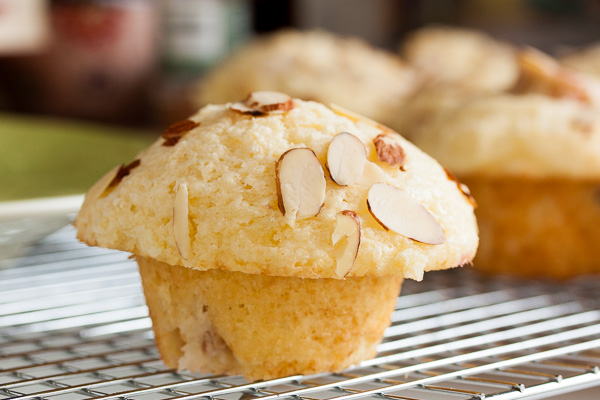 Rhubarb Almond Muffins – made with sour cream and incredibly rich and moist, with lots of sweet almond flavour, plus tart rhubarb.