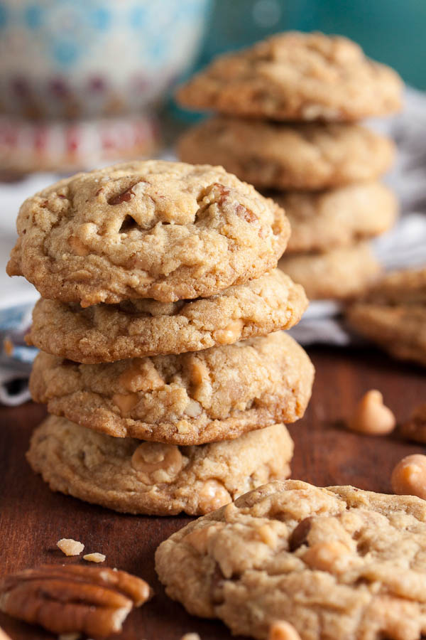 There's a lot of flavour in these Buttery Toffee Pecan Cookies – buttery toffee bits and butterscotch and butter-rum flavouring, plus crunchy pecans.
