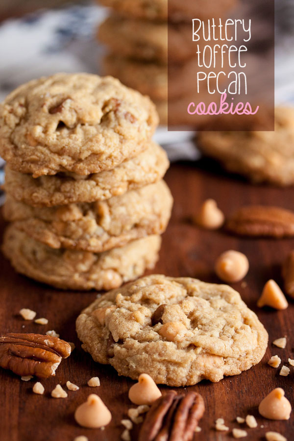 There's a lot of flavour in these Buttery Toffee Pecan Cookies – buttery toffee bits and butterscotch and butter-rum flavouring, plus crunchy pecans.