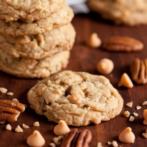 There's a lot of flavour in these Buttery Toffee Pecan Cookies – buttery toffee bits and butterscotch and butter-rum flavouring, plus crunchy pecans.