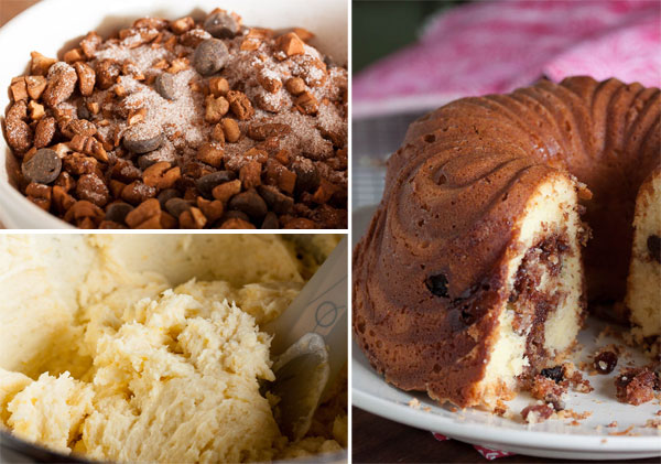 Chocolate Cinnamon Swirl Sour Cream Bundt Cake – a dense moist cake with a cinnamon-y swirl of chocolate, raisins and nuts. One of my all-time favourites!