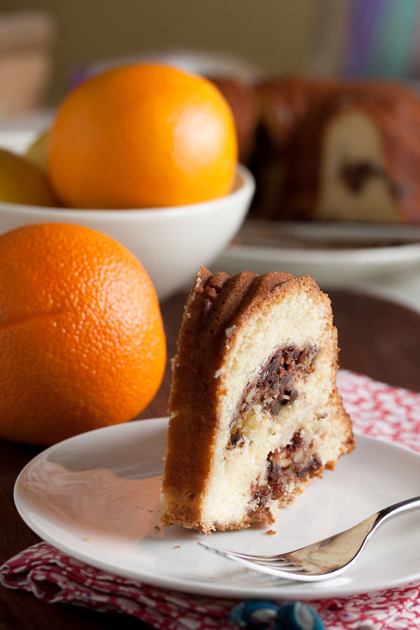 Chocolate Cinnamon Swirl Sour Cream Bundt Cake – a dense moist cake with a cinnamon-y swirl of chocolate, raisins and nuts. One of my all-time favourites!