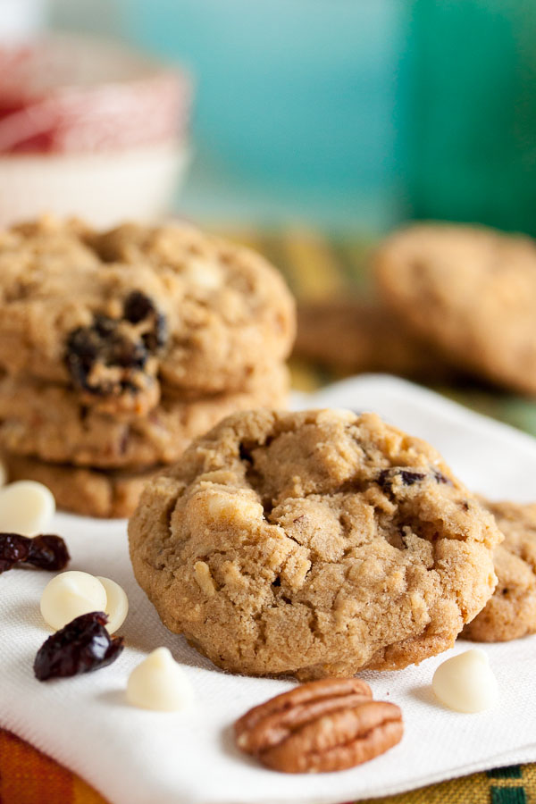 Cranberry Pecan Oatmeal Cookies – dense and chewy, with crunch from the pecans, tartness from the cranberries, balanced by the sweet white chocolate.