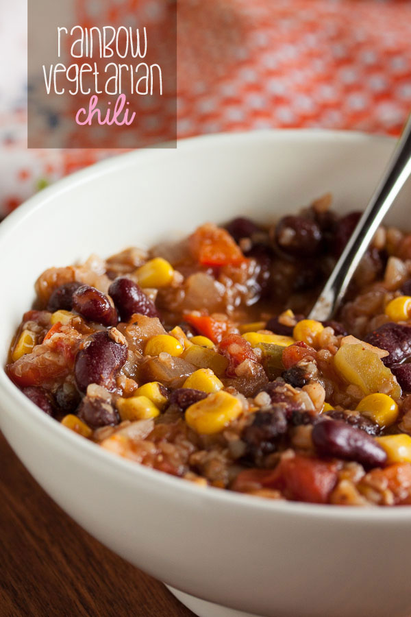 This vibrantly coloured rainbow vegetarian chili is hearty and filling, with a nice bit of heat, and loaded with a wide variety of vegetables and beans.