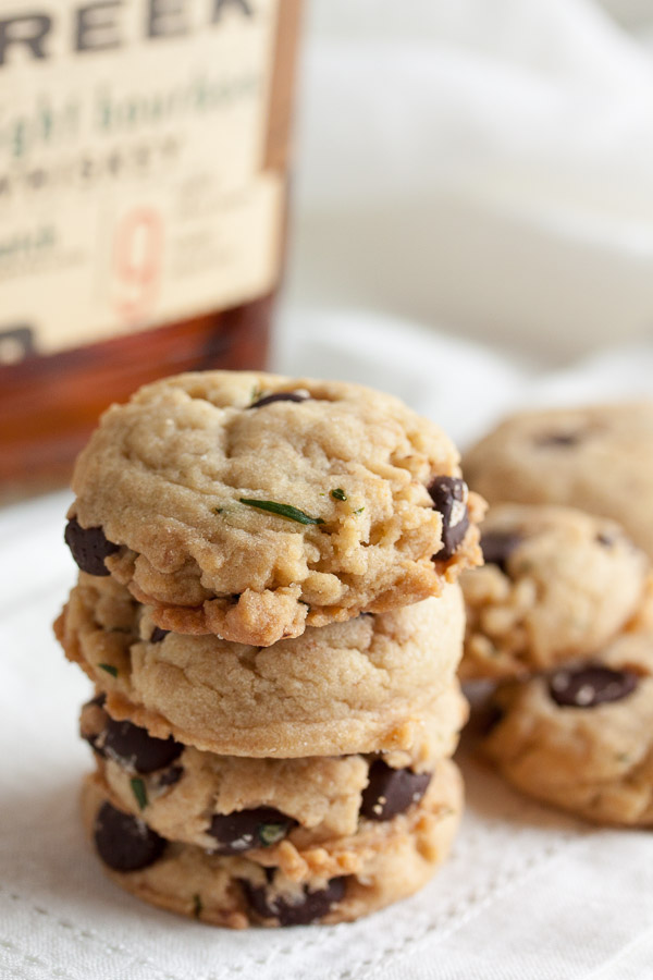 Made with browned butter, Kentucky bourbon, and fresh tarragon, these soft and gooey Bourbon Chocolate Chip Cookies have a great, rich flavour.