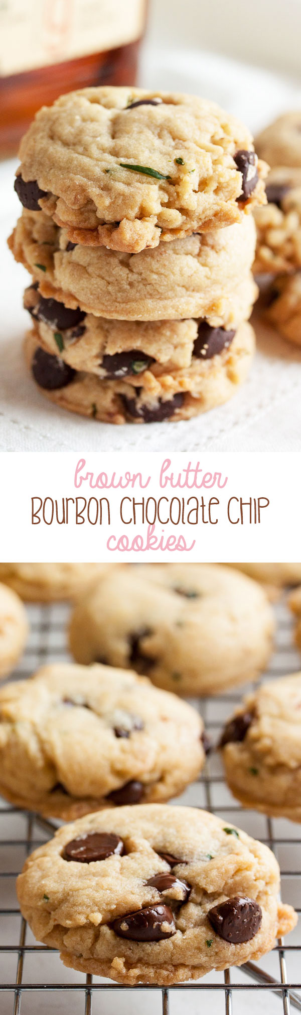 Made with browned butter, Kentucky bourbon, and fresh tarragon, these soft and gooey Bourbon Chocolate Chip Cookies have a great, rich flavour.