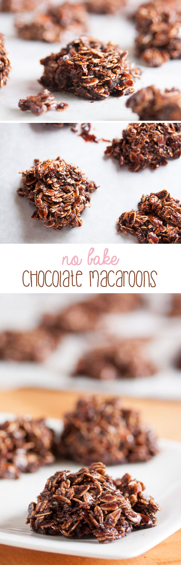 These no-bake chocolate macaroons are dense and fudgy and loaded with chewy oats and coconut. They're almost more like candy than cookie.
