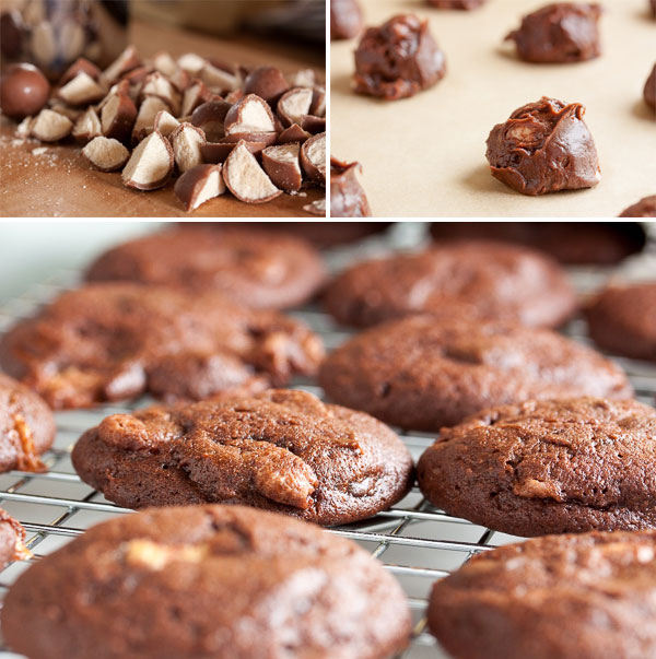 Chocolate Malted Whopper Cookies – delicious chocolate cookies with malt powder, chocolate whoppers, and chocolate chips.