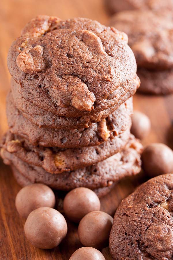 Chocolate Malted Whopper Cookies – delicious chocolate cookies with malt powder, chocolate whoppers, and chocolate chips.