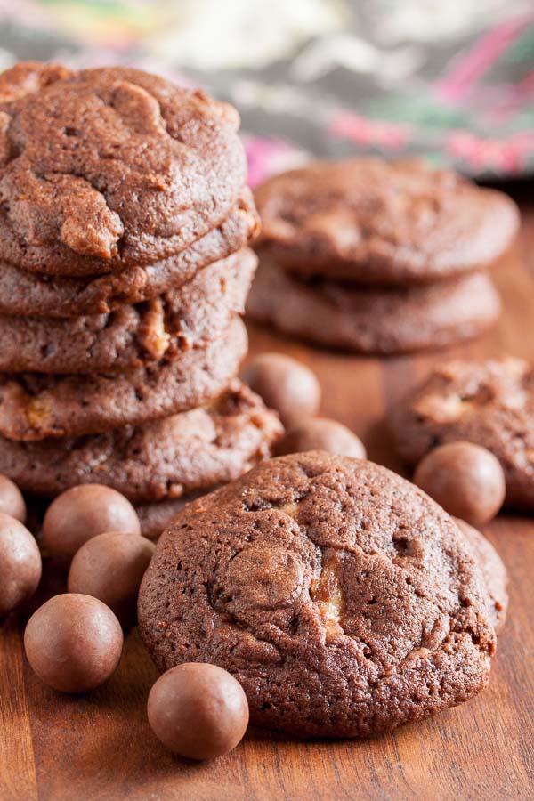 Chocolate Malted Whopper Cookies – delicious chocolate cookies with malt powder, chocolate whoppers, and chocolate chips.