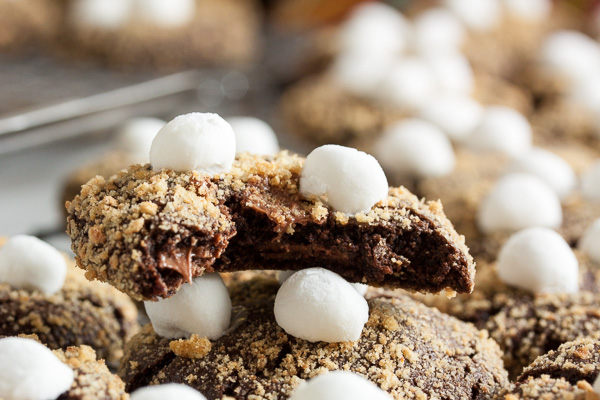Chocolate S'mores Cookies – a delicious double chocolate cookie with a soft graham cracker coating and topped with gooey marshmallows.