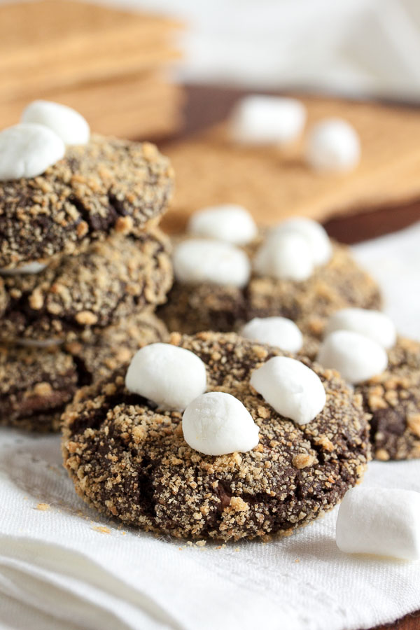 Chocolate S'mores Cookies – a delicious double chocolate cookie with a soft graham cracker coating and topped with gooey marshmallows.