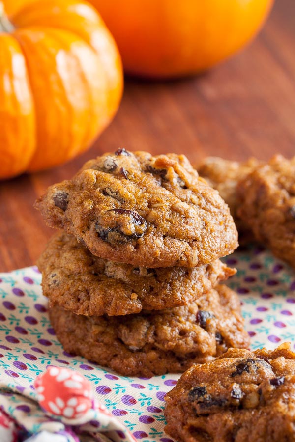 Soft and moist, like a tiny muffin top, these Pumpkin Chocolate Chip Cookies include tart dried cranberries and crunchy toasted pecans.