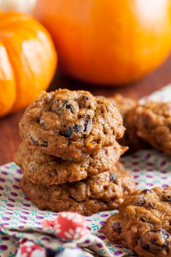 Soft and moist, like a tiny muffin top, these Pumpkin Chocolate Chip Cookies include tart dried cranberries and crunchy toasted pecans.