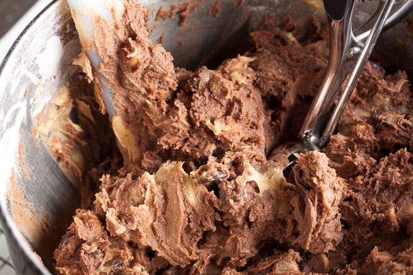 Double chocolate peanut butter swirl cookies – a rich chocolate cookie, with chocolate chips, peanut butter chips, and smooth peanut butter swirled throughout.