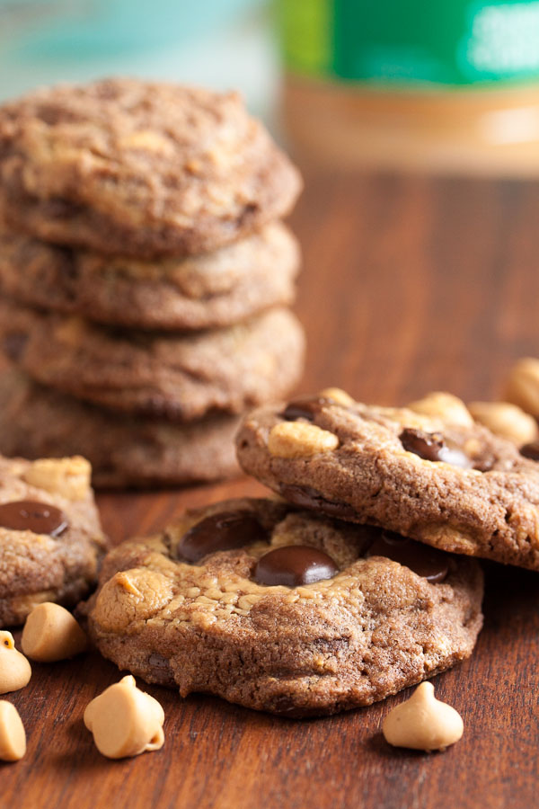 Double chocolate peanut butter swirl cookies – a rich chocolate cookie, with chocolate chips, peanut butter chips, and smooth peanut butter swirled throughout.