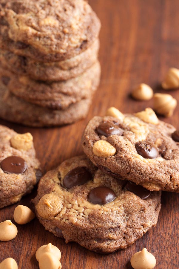 Double chocolate peanut butter swirl cookies – a rich chocolate cookie, with chocolate chips, peanut butter chips, and smooth peanut butter swirled throughout.