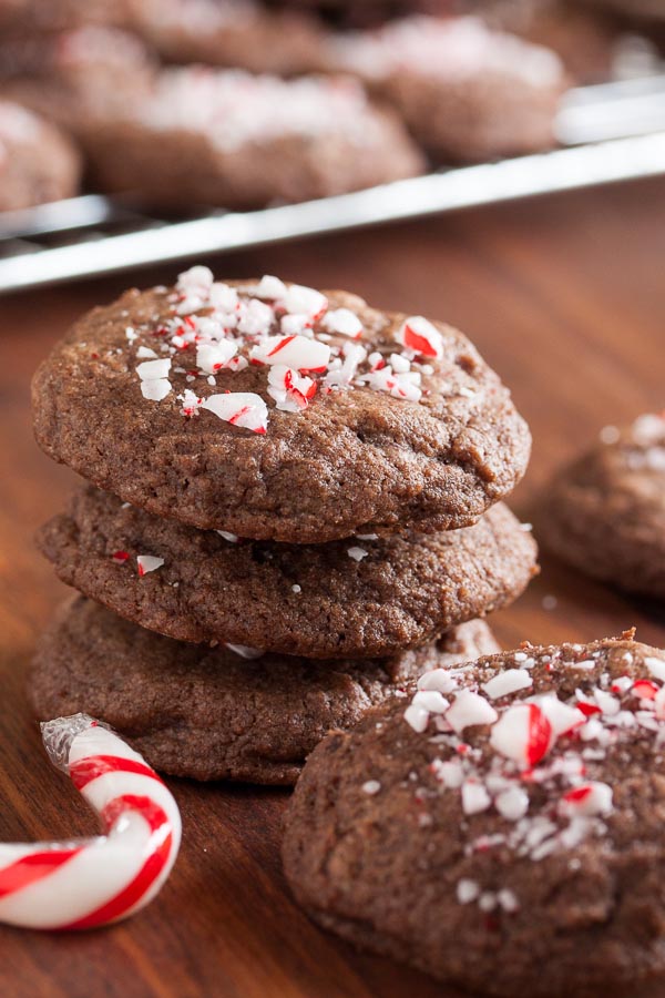 Double chocolate peppermint cookies, full of lots of chocolate chips and topped with crunchy crushed candy cane. A perfect combination of flavours.