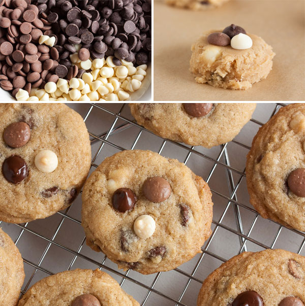 Soft and chewy Triple Chocolate Chip Cookies, taking it to the next level with tons of semisweet, milk, and white chocolate chips.