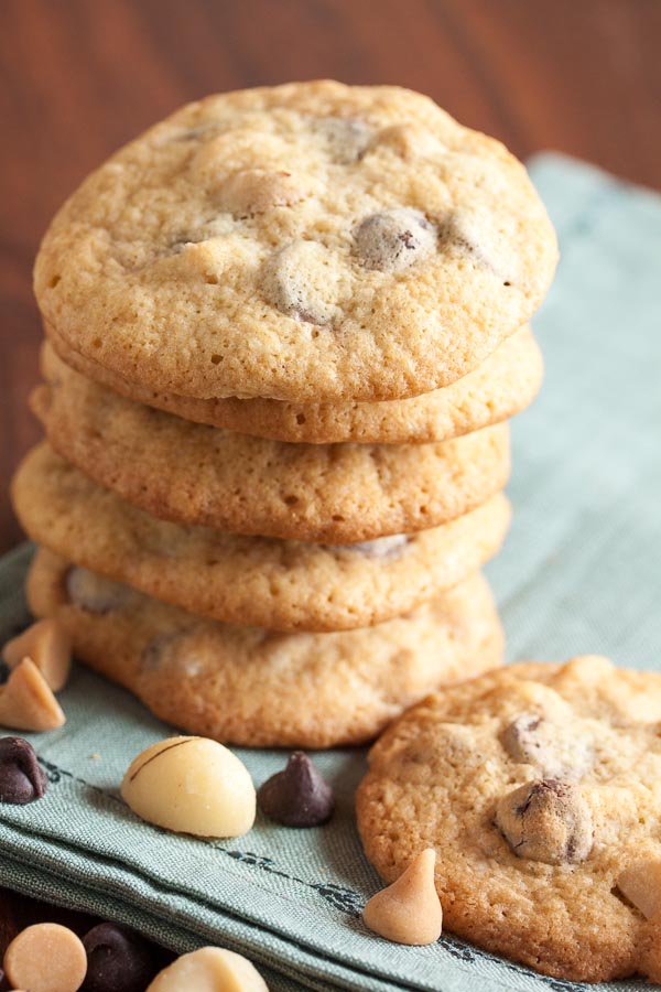 Peanut Butter Chip, Macadamia Nut Chocolate Chip Cookies – with bursts of peanut butter and chocolate flavour from all the chips, plus crunch and buttery flavour from the macadamias. A great combination of flavours!