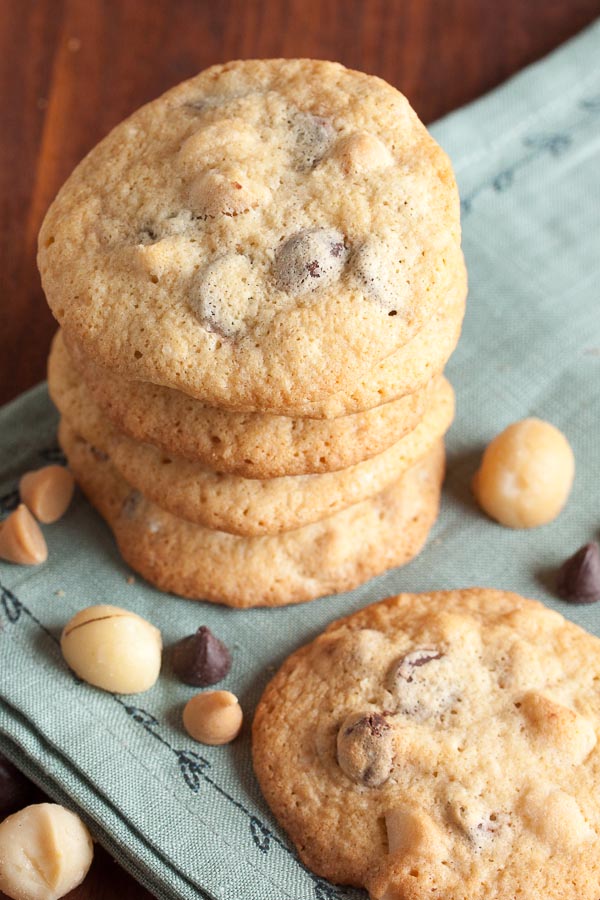 Peanut Butter Chip, Macadamia Nut Chocolate Chip Cookies – with bursts of peanut butter and chocolate flavour from all the chips, plus crunch and buttery flavour from the macadamias. A great combination of flavours!