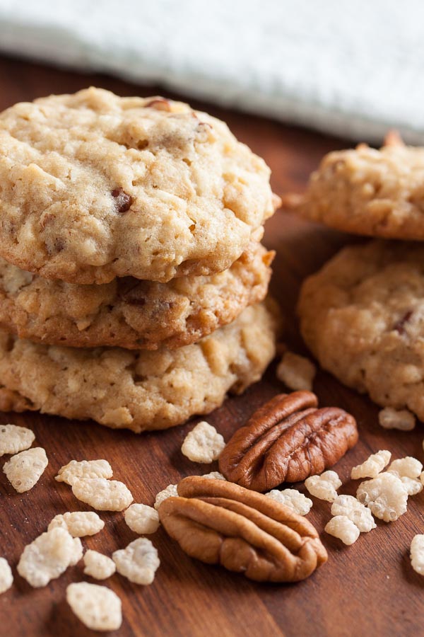 Crunchy Chewy Coconut Oatmeal Cookies – delicious oatmeal and coconut, plus the addition of buttery toasted pecans and rice cereal add a perfect crunchy texture.