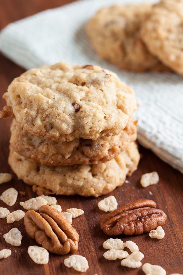 Crunchy Chewy Coconut Oatmeal Cookies – delicious oatmeal and coconut, plus the addition of buttery toasted pecans and rice cereal add a perfect crunchy texture.