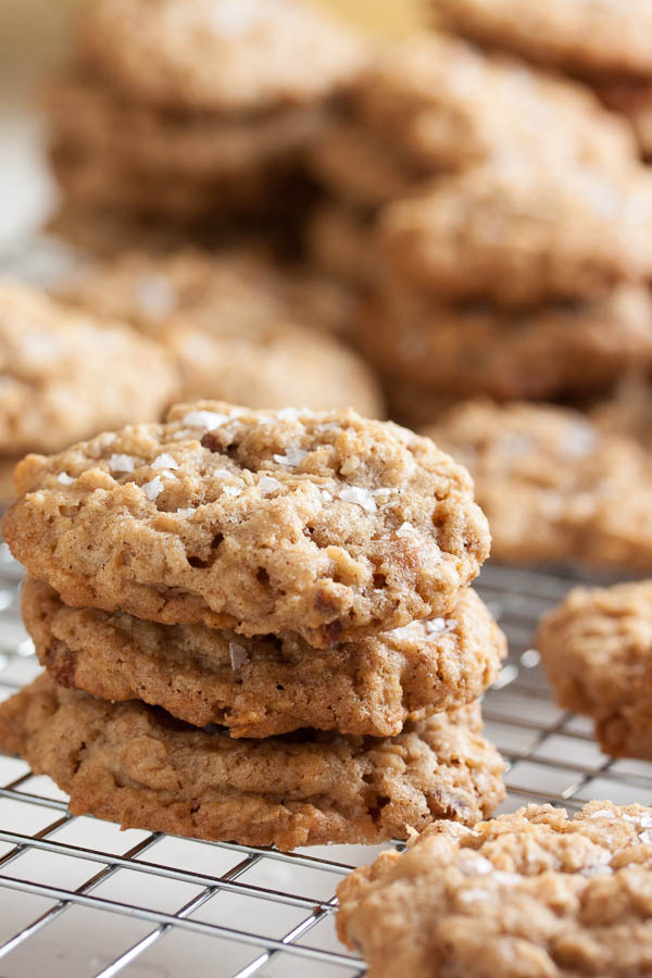 Oatmeal Salted Caramel Cookies – a perfectly chewy cookie, studded with crunchy pecans, lots of sweet caramel bits, and topped with a generous sprinkling of flaked sea salt.