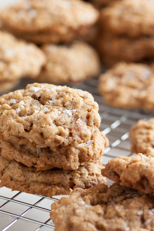 Oatmeal Salted Caramel Cookies – a perfectly chewy cookie, studded with crunchy pecans, lots of sweet caramel bits, and topped with a generous sprinkling of flaked sea salt.