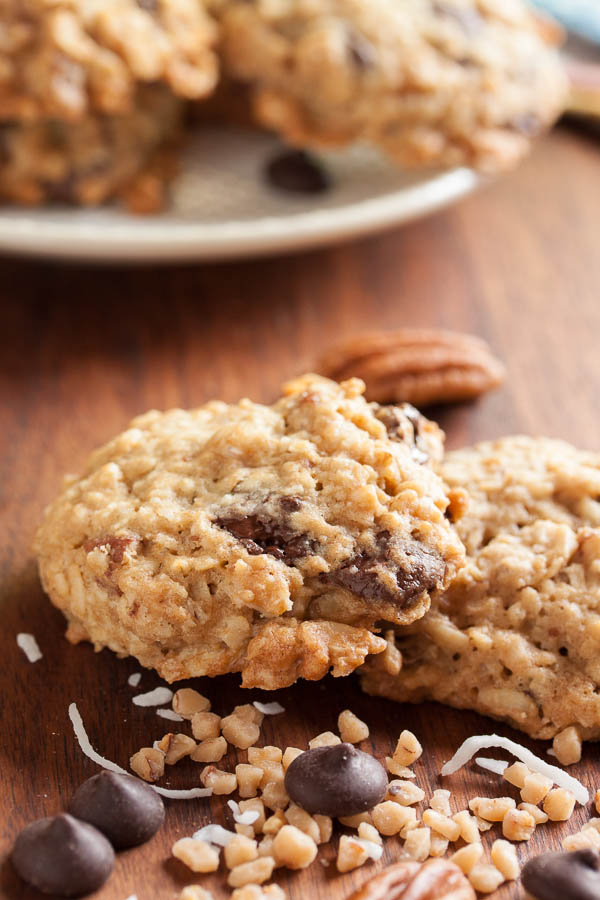 These really are the Ultimate Kitchen Sink Cookies – coconut, oatmeal, rich dark chocolate, toasted pecans, and little bursts of sweetness from the toffee bits.