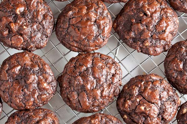 Nutty Triple Chocolate Brownie Cookies – rich chocolate cookies loaded with both white and dark chocolate chips, plus two kinds of toasted nuts!