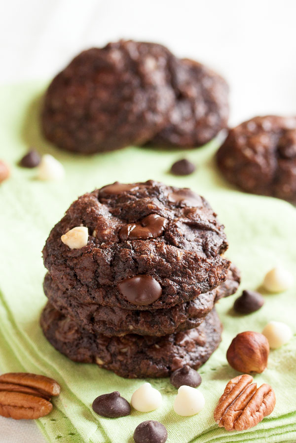 Nutty Triple Chocolate Brownie Cookies – rich chocolate cookies loaded with both white and dark chocolate chips, plus two kinds of toasted nuts!